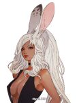  animal_ears artist_name bare_arms black_choker black_dress breasts choker cleavage dark-skinned_female dark_skin dress final_fantasy final_fantasy_xii fran_(ff12) large_breasts long_hair looking_at_viewer parted_lips plunging_neckline rabbit_ears rabbit_girl red_eyes sidelocks underboob upper_body vhyrel viera wavy_hair white_background white_hair wide_ponytail 