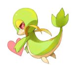  animal_focus arms_up commentary dutch_angle english_commentary from_behind full_body half-closed_eyes heart looking_at_viewer looking_back no_humans outstretched_arms pokemon pokemon_(creature) puddingx2 red_eyes simple_background snivy solo standing white_background 