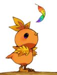  animal_focus blush closed_mouth commentary english_commentary feathers from_side full_body looking_up no_humans pokemon pokemon_(creature) puddingx2 purple_eyes rainbow_feathers simple_background solo standing torchic white_background 