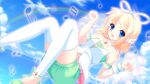  :d akarin_(sakuraakarin) anklet arm_ribbon armband arms_up blonde_hair blue_eyes blue_sky bow breasts choker cloud cloudy_sky cute_(module) day female_child gem green_ribbon green_shirt green_shorts hair_bow hair_ornament hair_ribbon hairclip headphones highres jewelry kagamine_rin knees_up looking_at_viewer musical_note necklace ocean outline pink_outline pink_ribbon project_diva_(series) puffy_shorts rainbow ribbon shirt short_hair shorts sky small_breasts smile solo thighhighs vest white_bow white_headwear white_ribbon white_vest white_wings wings wrist_cuffs zettai_ryouiki 