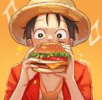  +_+ 1boy beef black_hair bread_bun burger cheese commentary covering_mouth feichangkou food hat highres holding holding_food lettuce male_focus meat monkey_d._luffy one_piece scar scar_across_eye sesame_seeds straw_hat symbol-only_commentary tomato 