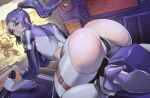  1girl ass blush bodysuit breasts cameltoe cockpit come_hither formal from_behind gloves highres kirin_ouji large_breasts leotard long_hair looking_at_viewer looking_back mecha naughty_face original pilot_suit ponytail purple_eyes purple_hair robot shiny shiny_clothes shiny_hair shiny_skin sideboob smile solo suit sweat thick_thighs thighhighs thighs 