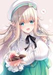  blonde_hair blue_eyes blush braid breasts chocolate elf food frilled_sleeves frills giving_food hat high-waist_skirt highres holding holding_chocolate holding_food large_breasts long_hair looking_at_viewer original pointy_ears ribbon skirt suzui_narumi valentine 
