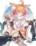  +_+ 1girl ahoge animal animal_ear_fluff animal_ears bangs bird black_skirt blonde_hair blue_eyes boots brown_footwear capelet commentary_request commission covered_mouth feet_out_of_frame fur-trimmed_boots fur-trimmed_capelet fur_trim grey_mittens hair_between_eyes haku_(sabosoda) heterochromia highres knees_together_feet_apart looking_at_viewer mittens original penguin pleated_skirt skeb_commission skirt solo white_capelet yellow_eyes 