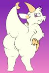  ambiguous_gender angry anthro anus arm_tuft bent_over big_butt butt chikn_nuggit digitigrade dragon fwench_fwy_(chikn_nuggit) gradient_background hands_on_hips hidden97 horn huge_butt pink_eyes simple_background solo thick_tail tuft white_body yellow_body 