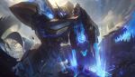  1boy absurdres armor belt clare_wong cloud cloudy_sky creature garen_(league_of_legends) glowing glowing_weapon helmet highres league_of_legends long_sword male_focus mecha mecha_kingdom_garen monster official_alternate_costume official_art outdoors robot shoulder_armor sky solo sunlight sword temple weapon 