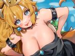  &gt;:) 1girl :p armlet bare_shoulders black_collar black_dress blonde_hair blue_eyes blurry blurry_background blush bowsette breasts cleavage collar crown day dress earrings fangs fangs_out hair_between_eyes hands_on_hips highres jewelry large_breasts leaning_to_the_side long_hair looking_at_viewer mario_(series) new_super_mario_bros._u_deluxe outdoors slit_pupils smile solo spiked_armlet spiked_collar spiked_shell spiked_tail spikes strapless strapless_dress super_crown tail tongue tongue_out turtle_shell uchisaki_himari upper_body v-shaped_eyebrows 