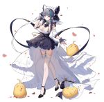  &gt;_&lt; 1girl animal_ears ankle_strap apron azur_lane bangs bare_shoulders black_apron black_footwear black_hair blue_hair blunt_bangs bow breasts cat_ears cheshire_(azur_lane) cleavage closed_mouth collar crescent crescent_hair_ornament dress falling_petals fang frilled_apron frilled_dress frilled_hairband frills full_body garter_straps hair_bow hair_ornament hairband heart high_heels highres large_breasts looking_at_viewer maid_apron maid_headdress manjuu_(azur_lane) multicolored_hair nail_polish petals short_hair short_sleeves simple_background smile solo standing streaked_hair thighhighs two-tone_hair white_background white_collar white_dress white_hairband white_thighhighs wrist_cuffs yu_e_baba zzz 