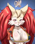  absurd_res anthro blush bray_(lucyfercomic) breasts clothed clothing delphox female generation_6_pokemon gyro332x hi_res inner_ear_fluff nintendo nipple_outline open_mouth pokemon pokemon_(species) red_eyes solo tuft video_games yellow_body 