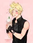  1boy :3 artist_name bangs bare_shoulders black_gloves black_shirt black_vest blonde_hair blush closed_eyes coffee cup dated disposable_cup drinking_straw final_fantasy final_fantasy_xv fingerless_gloves gloves heart highres holding holding_cup krudears male_focus open_mouth own_hands_together patterned_clothing pink_background prompto_argentum shirt short_hair sleeveless sleeveless_shirt solo starbucks twitter_username upper_body vest whipped_cream wristband 