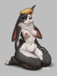  2022 anthro armello black_body black_fur breasts clothing elyssia_(armello) female foxovh fur hat hat_feather hat_only headgear headgear_only headwear headwear_only hi_res lagomorph leporid loose_feather male male/female mammal mostly_nude multicolored_body multicolored_fur nipples nude rabbit signature solo two_tone_body two_tone_fur video_games white_body white_fur 
