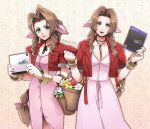  2girls aerith_gainsborough artist_name bangle bangs basket bracelet braid braided_ponytail breasts brown_hair choker cleavage cowboy_shot cropped_jacket dress final_fantasy final_fantasy_vii final_fantasy_vii_remake flower flower_basket flower_choker game_console green_eyes hair_ribbon highres holding holding_basket holding_case jacket jewelry lesuna long_dress long_hair looking_at_viewer medium_breasts multiple_girls open_mouth parted_bangs patterned_background pink_dress pink_ribbon playstation playstation_4 puffy_short_sleeves puffy_sleeves red_flower red_jacket ribbon short_sleeves sidelocks smile standing teeth unbuttoned_dress upper_teeth variations w_arms wavy_hair white_flower yellow_flower 