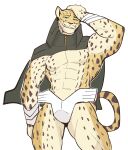  2022 abs anthro arm_wraps atlus biceps big_muscles bottomwear cape clothed clothing eyebrows felid hand_on_head hi_res jrjresq leopard looking_at_viewer male mammal megami_tensei muscular muscular_anthro muscular_male narrowed_eyes ose_(megami_tensei) pantherine pecs simple_background smile solo standing topless topless_anthro topless_male video_games whiskers white_background wraps 