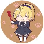  1girl :3 =_= ahoge andou_tazusa assault_lily bangs black_ribbon black_skirt blonde_hair blood blue_ribbon blush brown_background cat chibi circle closed_mouth commentary_request cropped_jacket facing_viewer frilled_skirt frills hair_between_eyes hair_ribbon hand_on_own_chin hands_up hemokinesis high-waist_skirt juliet_sleeves long_sleeves lowres masaki_itsuki miniskirt neck_ribbon outstretched_arm paw_print paw_print_background ponytail puffy_sleeves ribbon round_image school_uniform shirt short_hair skirt smile solo standing thighhighs transparent_background white_shirt white_thighhighs yurigaoka_girls_academy_school_uniform zettai_ryouiki 