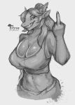  absurd_res anthro clothed clothing elyzalizah female fish gesture hi_res marine middle_finger midriff monochrome shark solo waist_up 