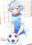  1boy ball bed blue_hair blush closed_mouth commission embarrassed indie_virtual_youtuber kou_hiyoyo looking_at_viewer male_focus purple_eyes revan_caedus short_hair sitting skeb_commission soccer_ball solo virtual_youtuber 