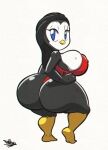  anthro avian beak big_breasts big_butt bird black_hair blue_eyes breasts butt clothing female hair hand_on_hip hi_res huge_breasts huge_butt lifeguard_swimsuit looking_back multicolored_body nipple_outline non-mammal_breasts one-piece_swimsuit penguin smile solo swimwear tansau thick_thighs two_tone_body 