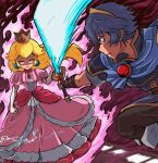  1boy 1girl angry arms_behind_back belt black_bear blonde_hair blue_eyes blue_hair blue_shirt boots crown dress earrings fire fire_emblem fire_emblem:_mystery_of_the_emblem gloves jewelry long_hair looking_at_another mario_(series) marth_(fire_emblem) pink_dress princess_peach purple_fire shawl shirt short_hair smile stoic_seraphim super_smash_bros. surprised sword tiara weapon yellow_eyes 