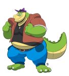  2022 3_toes alligator alligatorid anthro barefoot belly big_belly bottomwear brok_(character) brok_the_investigator claws clothing crocodilian feet green_body hat headgear headwear hi_res male overweight overweight_male pants plantigrade reptile scalie shirt simple_background solo talegas toes topwear video_games 