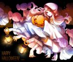  1girl artist_name black_background blood blood_from_mouth brown_eyes candy candy_wrapper cloak colored_skin extra_arms fangs fingerless_gloves food full_body gloves glowing halloween hogara holding holding_food holding_lantern holding_pumpkin holding_vegetable hood hood_up hooded_cloak jack-o&#039;-lantern lantern long_hair looking_at_viewer monster_girl multicolored_hair neck_ribbon object_head open_mouth orange_hair original pumpkin purple_nails ribbon solo_focus streaked_hair teardrop_tattoo two-tone_hair vegetable white_cloak white_hair white_skin 