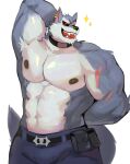  2022 abs anthro belt black_nose blue_body blue_fur bottomwear bulge canid canine canis cilok clothed clothing collar digital_media_(artwork) dislyte ear_piercing eyewear freddy_(dislyte) fur hi_res male mammal multicolored_body multicolored_fur muscular muscular_anthro muscular_male nipples open_mouth open_smile pants pecs piercing prick_ears scar sharp_teeth simple_background smile solo sparkles sunglasses teeth topless two_tone_body two_tone_fur white_background white_body white_fur wolf 