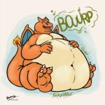  2022 ambiguous_gender anthro belly big_belly charizard claws generation_1_pokemon hand_on_stomach hi_res kaiipwilde_(artist) membrane_(anatomy) membranous_wings morbidly_obese morbidly_obese_anthro nintendo obese obese_anthro open_mouth overweight overweight_anthro pokemon pokemon_(species) rumbling_stomach simple_background sitting solo video_games wings 