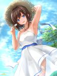  1girl arm_up armpits bangs blue_eyes blue_sky brown_hair cloud collarbone commentary_request day dress food hair_ornament hat hat_ribbon highres holding holding_food looking_at_viewer neconotaki open_mouth original outdoors popsicle ribbon sidelocks sky smile standing straw_hat summer sundress thigh_strap white_dress 
