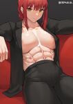  abs absurdres chainsaw_man couch cromwellb highres looking_at_viewer makima_(chainsaw_man) muscular muscular_female no_bra open_clothes open_shirt red_hair sitting smile yellow_eyes 