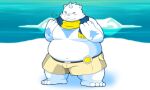  2022 another_eidos_of_dragon_vein_r anthro belly big_belly blush bottomwear clothing detailed_background hi_res kemono male one_eye_closed outside overweight overweight_male patty_(anothereidos_r) scarf shorts solo tai_tanuki white_body yeti 