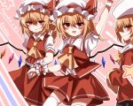  3girls absurdres alternate_costume alternate_eye_color arm_up artist_name ascot bangs blush brown_skirt character_name closed_mouth collared_shirt crystal fang flandre_scarlet frills from_side hair_between_eyes hand_up hat hat_ribbon heart highres jacket jewelry long_sleeves looking_at_another looking_to_the_side mob_cap multicolored_wings multiple_girls one_side_up open_mouth orange_ascot orange_hair pink_background puffy_short_sleeves puffy_sleeves red_eyes red_jacket red_ribbon red_skirt red_vest ribbon shirt short_sleeves skirt smile standing star_(symbol) striped thighhighs tongue top-exerou touhou vest white_headwear white_shirt white_thighhighs wings wrist_cuffs 