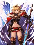  1girl absurdres ahoge annno_ans arm_at_side armor axe bangs battle_axe belt black_gloves blonde_hair breasts brown_eyes cape cleavage cleavage_cutout closed_mouth clothing_cutout conqueror_of_the_eternals djeeta_(granblue_fantasy) earrings elbow_gloves electricity feet_out_of_frame gloves granblue_fantasy greaves groin hairband highres holding holding_sword holding_weapon jewelry looking_at_viewer medium_breasts midriff navel outstretched_arm red_shorts shorts smile solo standing stud_earrings sword weapon 