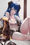  1girl arknights arm_support blazpu blue_eyes blue_hair bottle breasts camisole cleavage dark_halo halo highres holding holding_bottle horns jacket knee_up long_hair mostima_(arknights) nail_polish off_shoulder open_clothes open_jacket short_shorts shorts sitting 