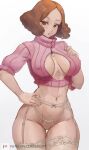 1girl alterlesott blush breasts breasts_apart brown_eyes brown_hair clothing_cutout covered_nipples cowboy_shot crop_top garter_belt garter_straps highres large_breasts lingerie looking_at_viewer nail_polish navel okumura_haru parted_lips patreon_username persona persona_5 pink_sweater short_hair solo sweater thigh_gap thighhighs thighs underwear white_background 
