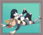  2girls :d absurdres bangs bare_shoulders black_eyes black_gloves black_hair black_shirt black_sleeves black_thighhighs border brown_hair calf_slicer detached_sleeves elbow_pads fingerless_gloves fool_iketani full_body gloves green_background grey_border grey_shirt grey_shorts hair_over_one_eye highres knee_pads long_hair lying midriff multiple_girls navel on_stomach open_mouth orange_eyes original shirt shoes short_hair shorts single_shoe smile stirrup_legwear tears thighhighs tickling toeless_legwear toes wrestling wrestling_outfit 