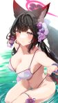  1girl animal_ear_fluff animal_ears bikini black_hair blue_archive blush breasts brown_eyes cleavage closed_mouth collarbone eix2 english_commentary flower hair_flower hair_ornament halo highres large_breasts long_hair looking_at_viewer multicolored_hair navel purple_bikini red_hair scrunchie side-tie_bikini_bottom sidelocks smile solo streaked_hair swimsuit two-tone_hair wakamo_(blue_archive) wet white_background wrist_scrunchie 