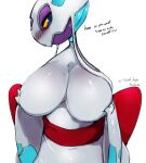  absurd_res blue_body blue_eyes blush breasts dialogue female feral froslass generation_4_pokemon hi_res looking_at_viewer menyang nintendo pokemon pokemon_(species) pseudo_clothing purple_body simple_background solo teasing video_games white_background white_body 