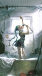  1girl aqua_hair bangs bare_arms bathtub breasts closed_eyes collared_shirt grey_shirt hair_ornament hand_up hatsune_miku highres holding holding_shower_head indoors long_hair medium_breasts music open_mouth pleated_skirt qq_orikou rubber_duck shirt shower_(place) shower_curtain shower_head singing skirt sleeveless sleeveless_shirt smile solo standing tile_wall tiles twintails vocaloid wet wet_clothes wet_hair window 