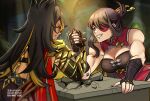  2girls absurdres arm_armor arm_wrestling beidou_(genshin_impact) biceps black_gloves black_hair blue_eyes breasts brown_hair chinese_clothes claws cleavage clenched_teeth dark-skinned_female dark_skin dehya_(genshin_impact) english_commentary eyepatch fingerless_gloves genshin_impact gloves hair_ornament hair_stick highres jhorliearts long_hair looking_at_another multiple_girls muscular muscular_female red_eyes sweatdrop teeth twitter_username 