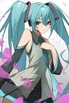  1girl absurdres closed_mouth hatsune_miku highres long_hair looking_at_viewer necktie qure_h4 skirt sleeveless smile twintails upper_body very_long_hair vocaloid 