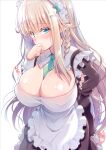  apron blonde_hair blue_eyes blush braid breasts cleavage elf embarrassed frilled_sleeves frills large_breasts long_hair looking_at_viewer maid maid_apron maid_headdress necktie original pointy_ears suzui_narumi 