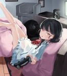  1girl :o absurdres bangs bare_legs bean_bag_chair black_hair blue_dress blunt_bangs bright_pupils controller dot_nose dress electric_fan food framed_image frilled_dress frills game_console game_controller highres holding holding_controller holding_game_controller indoors kitkat legs_up long_hair looking_at_viewer monitor nano_illustrator original parted_lips playstation_4 playstation_controller red_eyes sitting solo speaker white_pupils 