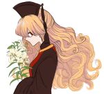  1girl bangs blonde_hair breasts brown_dress brown_headwear chinese_clothes closed_mouth dress earrings flower hair_between_eyes hand_up hat highres jewelry junko_(touhou) leaf lily_(flower) long_hair long_sleeves looking_to_the_side medium_breasts phoenix_crown pom_pom_(clothes) red_eyes simple_background solo standing staygold tabard touhou white_background white_flower wide_sleeves 