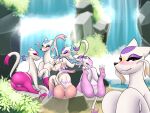  absurd_res anglo big_butt blush butt female generation_5_pokemon genitals group hi_res looking_at_viewer looking_back looking_back_at_viewer mienshao nintendo nude outside pokemon pokemon_(species) pussy video_games waterfall 