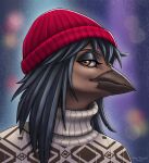  alternate_version_at_source anthro arsi_tigrion avian beak bird black_eyebrows black_eyelids black_hair black_pupils brown_beak brown_body brown_feathers clothed clothing eyebrows feathers hair half-closed_eyes headgear headwear hi_res iris multicolored_clothing multicolored_topwear narrowed_eyes pupils red_clothing red_headwear topwear turtleneck two_tone_clothing two_tone_topwear 