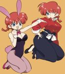  2girls animal_ears black_footwear blue_eyes bow breasts dual_persona full_body highres leotard multiple_girls natuki101625 one_eye_closed open_mouth pink_footwear playboy_bunny rabbit_ears rabbit_tail ranma-chan ranma_1/2 red_bow red_hair simple_background tail 