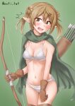  1girl alternate_costume anti_(untea9) arrow_(projectile) blonde_hair bow bow_(weapon) bra breasts brown_gloves cape cleavage double_bun gloves green_background green_cape green_eyes hair_bun highres holding holding_bow_(weapon) holding_weapon kantai_collection looking_at_viewer medium_breasts michishio_(kancolle) navel one-hour_drawing_challenge open_mouth panties pointy_ears quiver short_hair simple_background solo torn_cape torn_clothes twitter_username underwear weapon white_bra white_panties 