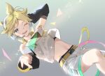  1boy bare_shoulders bishounen blonde_hair blue_eyes commentary_request hand_in_own_hair headphones kagamine_len looking_at_viewer male_focus microphone midriff_peek naoko_(naonocoto) navel one_eye_closed open_mouth shorts simple_background teeth upper_teeth vocaloid white_shorts yellow_nails 