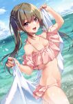  1girl :d absurdres bangs bikini blue_sky blush breasts brown_hair cleavage cloud collarbone day fang frilled_bikini frills highres holding holding_veil horizon long_hair looking_at_viewer navel non-web_source ocean open_mouth original outdoors pink_bikini sidelocks sky small_breasts smile solo standing stomach swimsuit twintails unasaka_ryou 