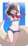  1girl animal_ears armpits bikini black_hair blue_archive breasts commentary_request detached_sleeves fang fox_ears fox_tail gyorui_(katsuwo_drawing) halo highres izuna_(blue_archive) leg_up looking_back medium_breasts navel scarf simple_background swimsuit tail visor_cat yellow_eyes 
