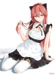  1girl animal_ears apron arm_support bangs bare_arms bare_shoulders black_dress blush cat_ears chaesu commentary dress fake_animal_ears hair_between_eyes hand_up highres holding holding_hair liliya_(kaetzchen) long_hair looking_at_viewer no_shoes original pink_hair short_dress simple_background sitting solo thighhighs very_long_hair waist_apron white_apron white_background white_thighhighs yellow_eyes yokozuwari 